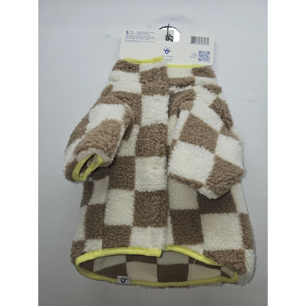 Oodles Dog Fleece Jacket Small S NWT Brown Cream Checkered Snap Button Fleece